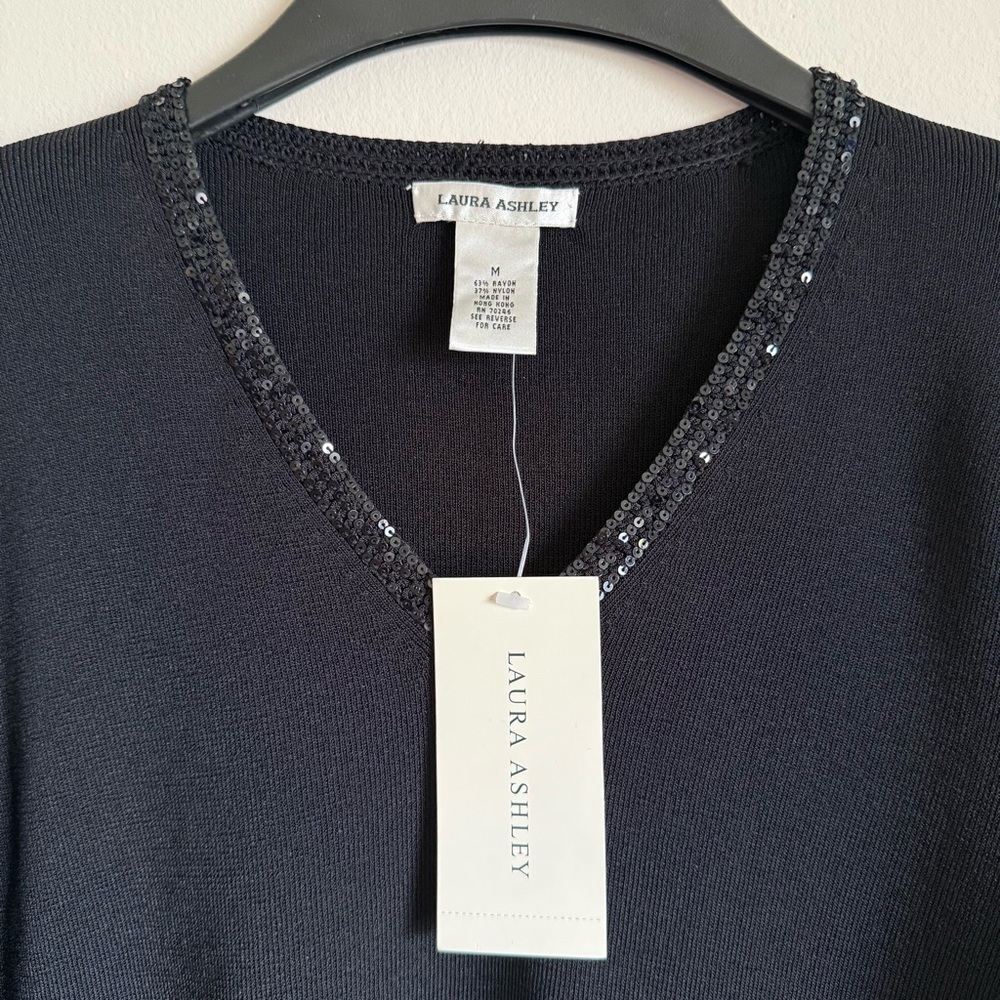 NWT Laura Ashley Black 3/4 Sleeve Beaded Neckline Trim Knit Top Blouse M - Picture 3 of 7